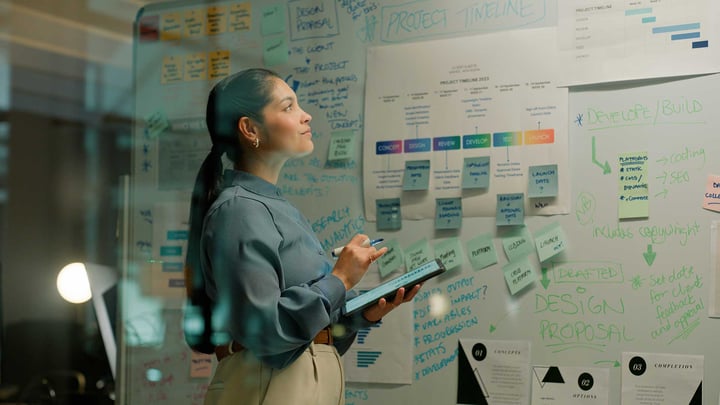 Women holds tablet and pen while staring up are white board with written ideas